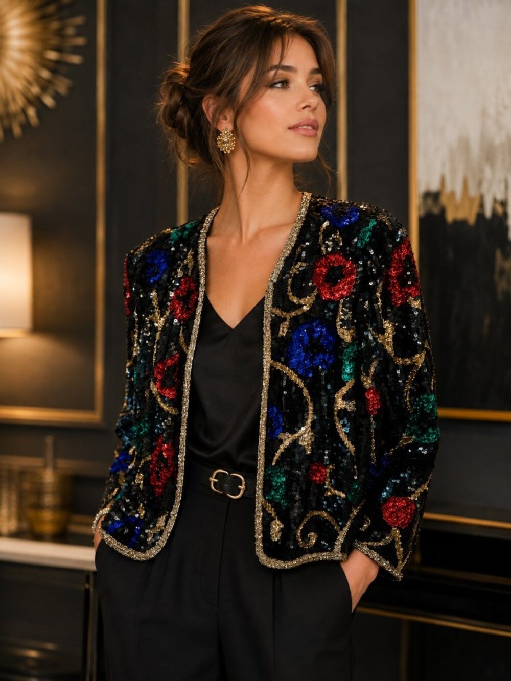 After Five Vintage Silk Sequin Floral Jacket Black Gold| Size Small
